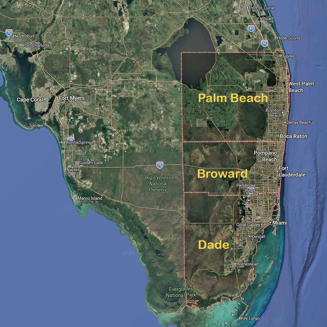 South Florida service area map covering Miami-Dade, Broward and Palm Beach counties