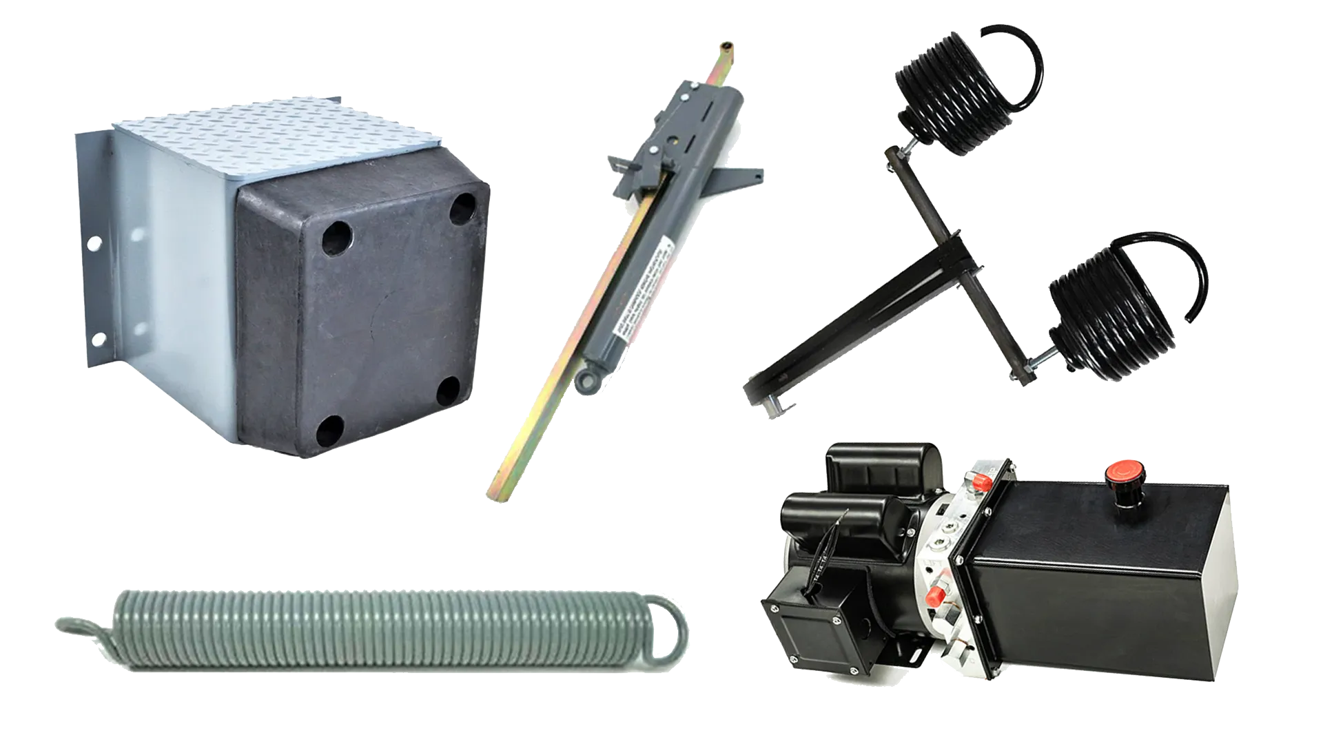 Dock leveler repair parts BXC Dock Services carries: a steel-faced bumper block, a hold-down, EOD leveler springs, a pit leveler spring and a hydraulic pump