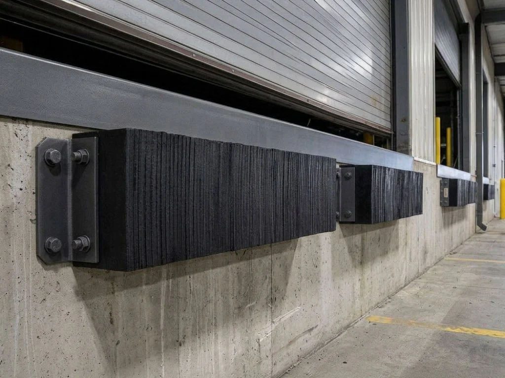 Laminated dock bumpers installed on a commercial dock face