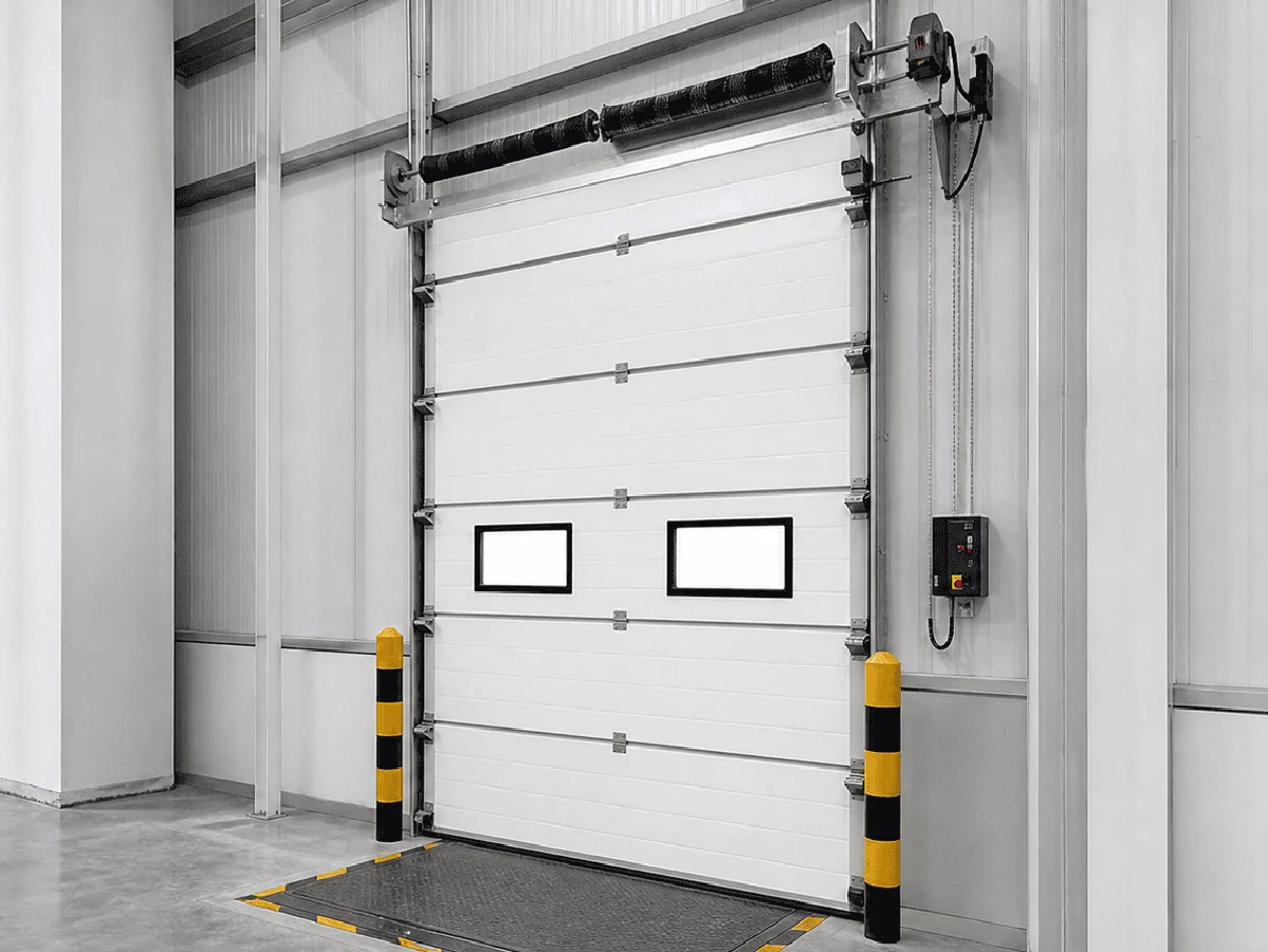 Insulated sectional commercial overhead door installed at a loading dock