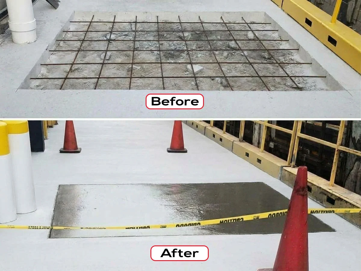 Warehouse concrete slab repair, before and after
