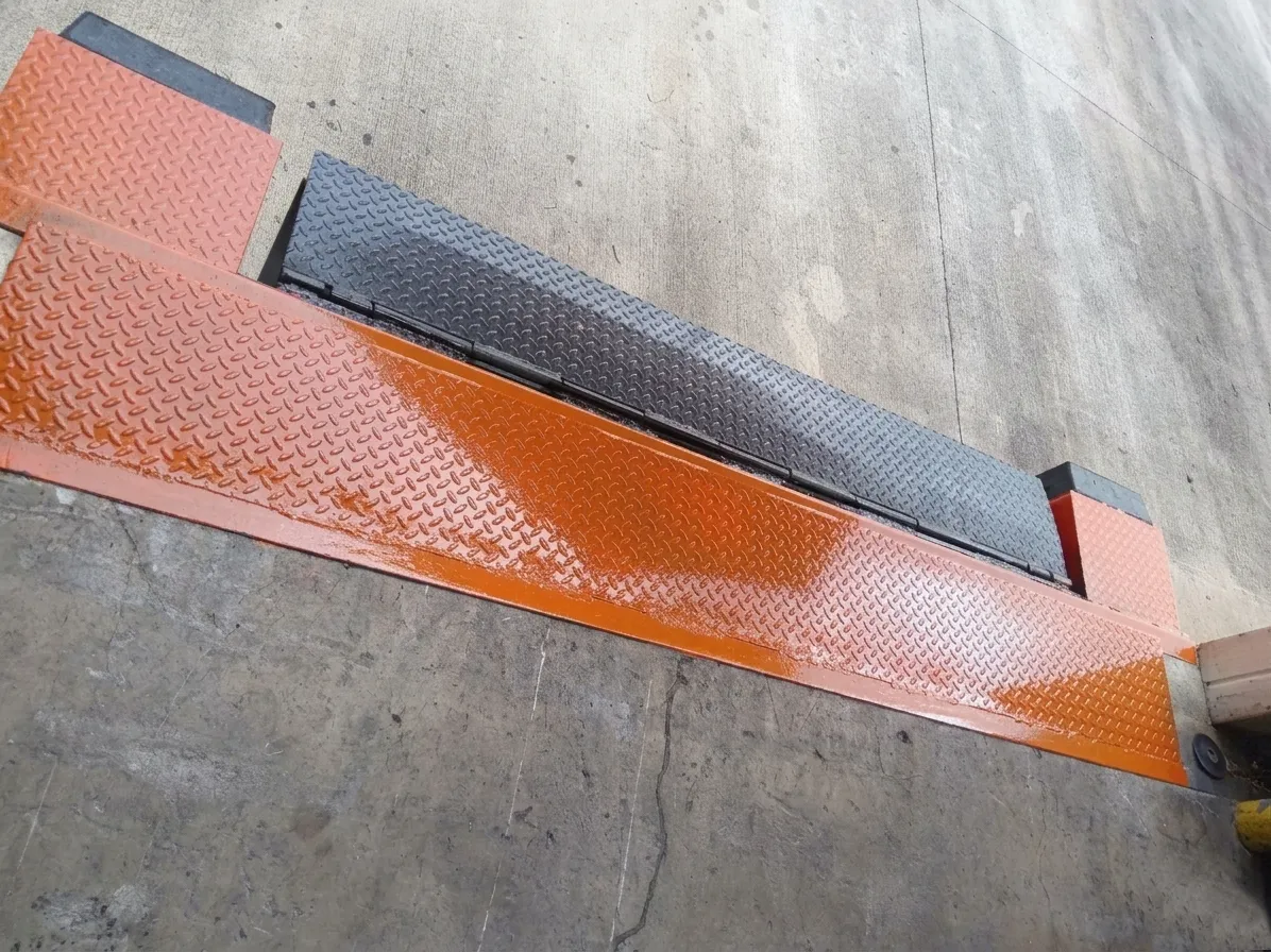 Orange transition plate set in front of an edge of dock leveler