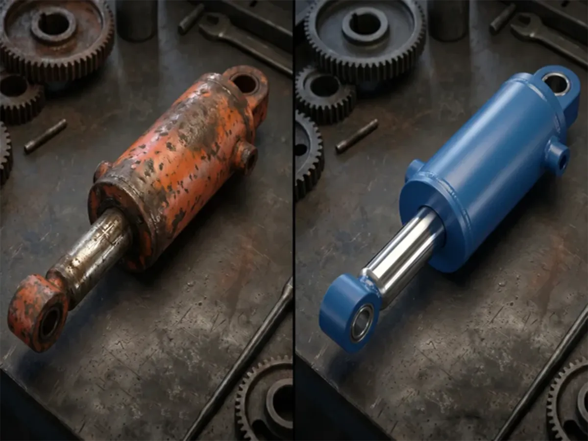 Rusted hydraulic cylinder beside a clean blue-painted hydraulic cylinder on a workbench