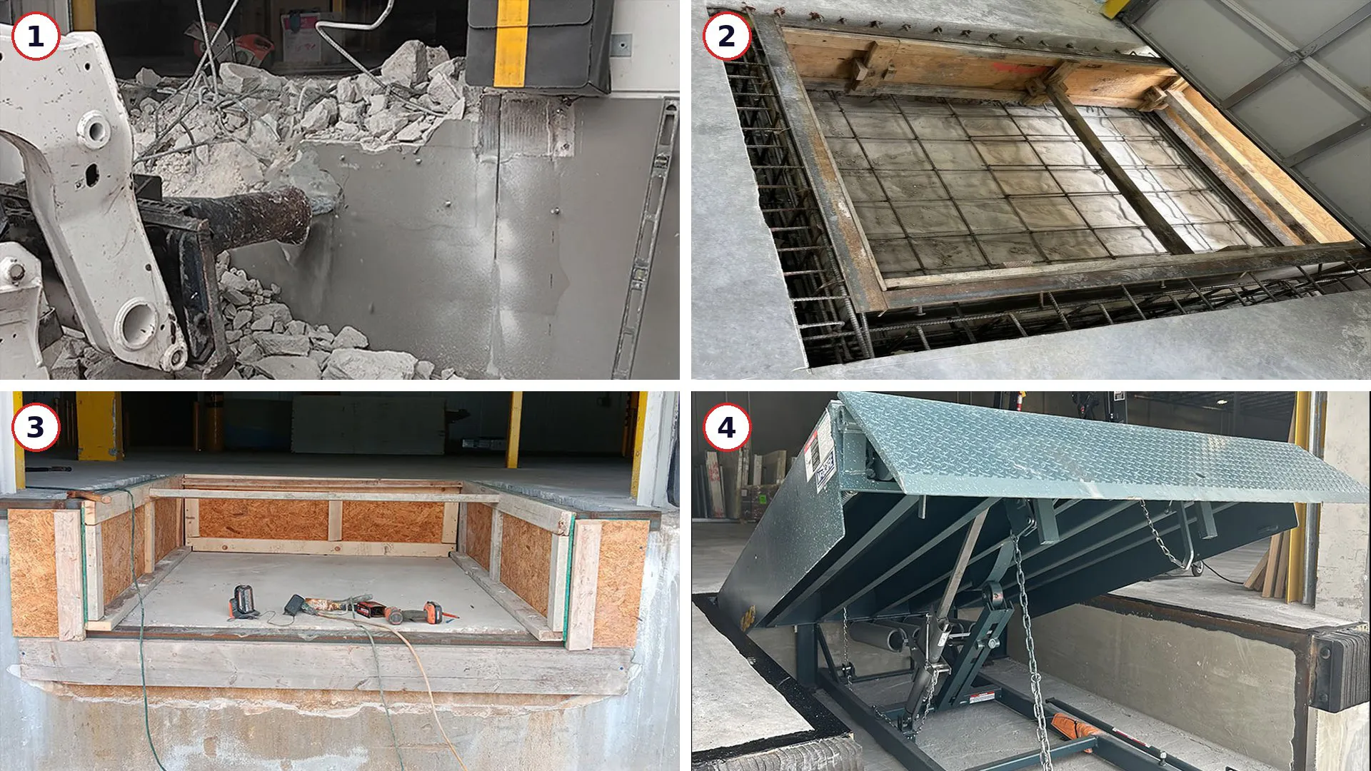 BXC Dock Services turnkey pit leveler installation in four steps: demolition, rebar and pit frame with forms, concrete pour, dock leveler installed