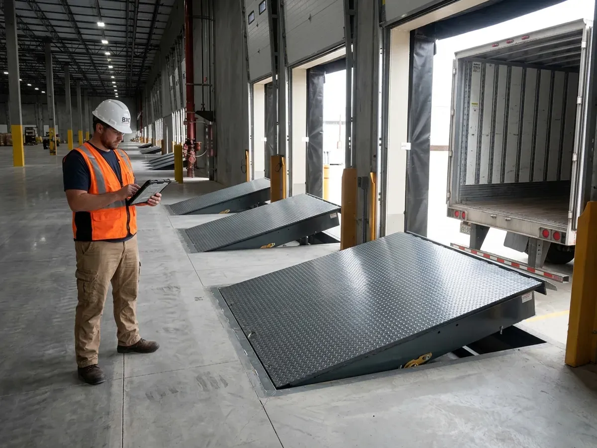 BXC technician with a tablet inspecting a row of pit dock levelers